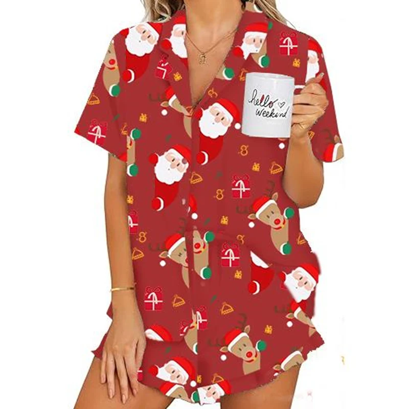 Women Christmas Pajamas Set Two Piece Santa Print Lapel Neck Button-up Short Sleeve Tops Elastic Shorts Loungewear Summer Outfit