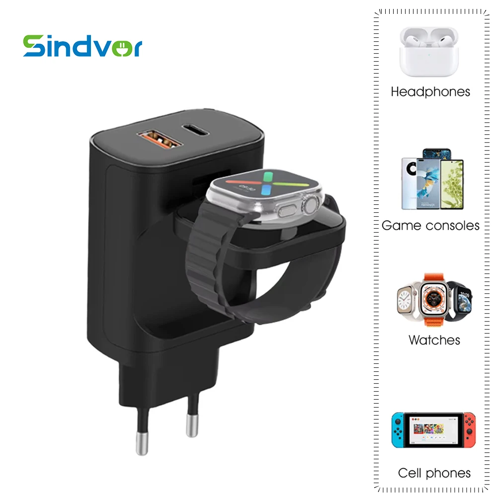 

Зарядное устройство для мобильного телефона PD30W с быстрой зарядкой, беспроводной зарядкой для часов 2.5W, складное портативное зарядное устройство 3-в-1 с двумя портами