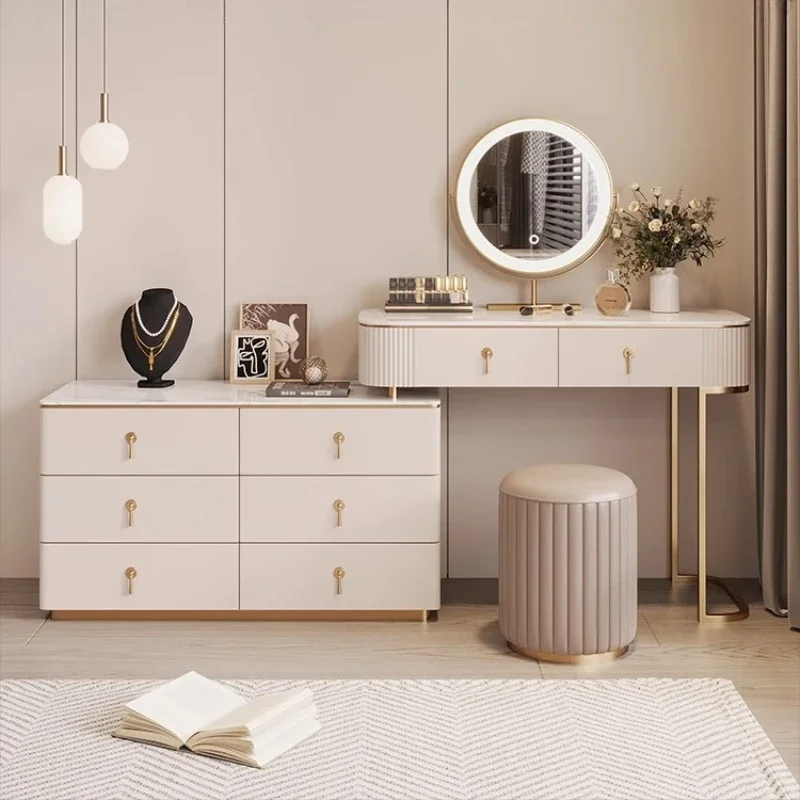 Modern Wood Light Mirror Vanity Table Organizer Makeup Desk Drawers Desk Dressing Table Stool Hotel Luxury Bedroom Furniture