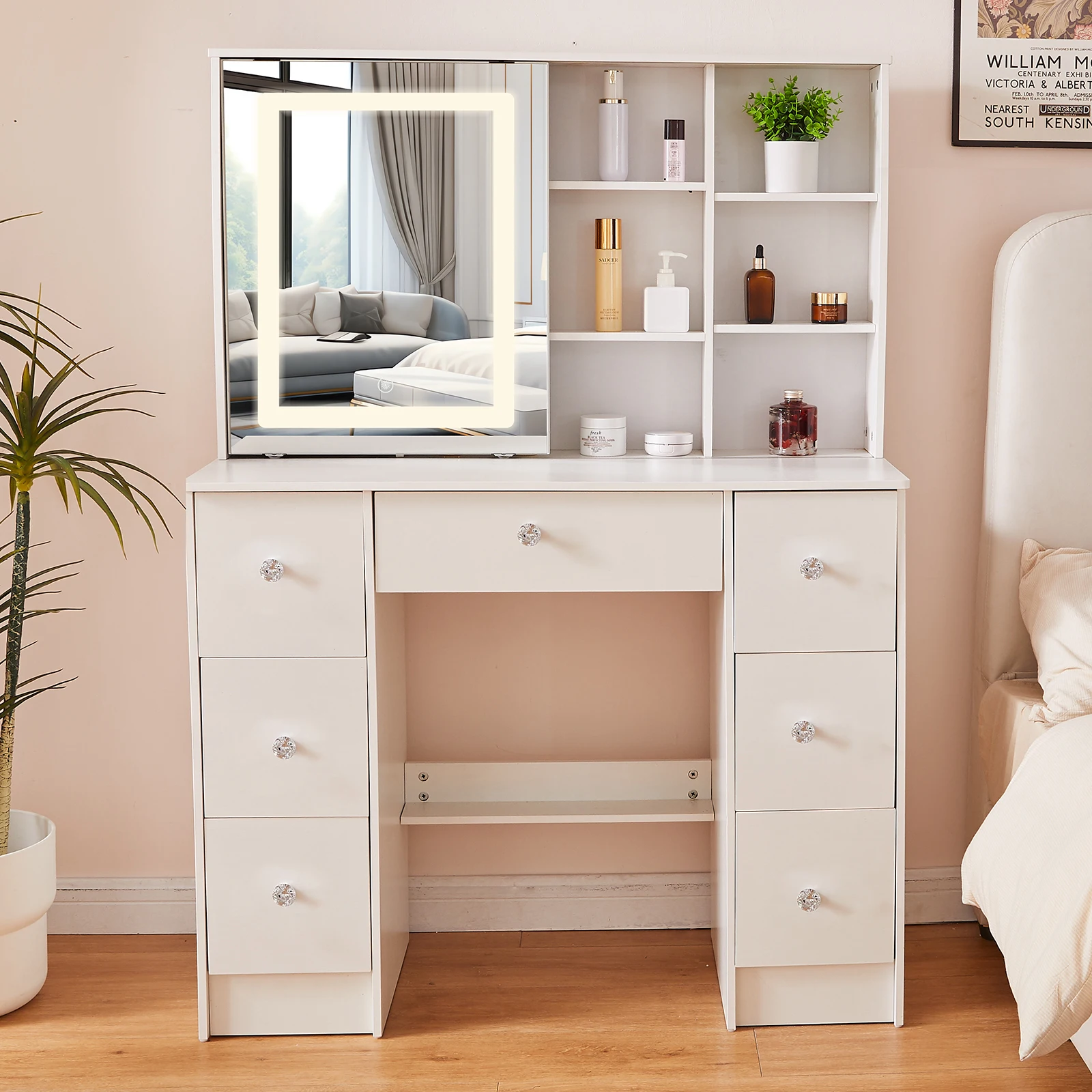 طاولة تزيين فانيتي مع مجموعة طاولة مكياج بمرآة هوليوود LED و7 أدراج #1