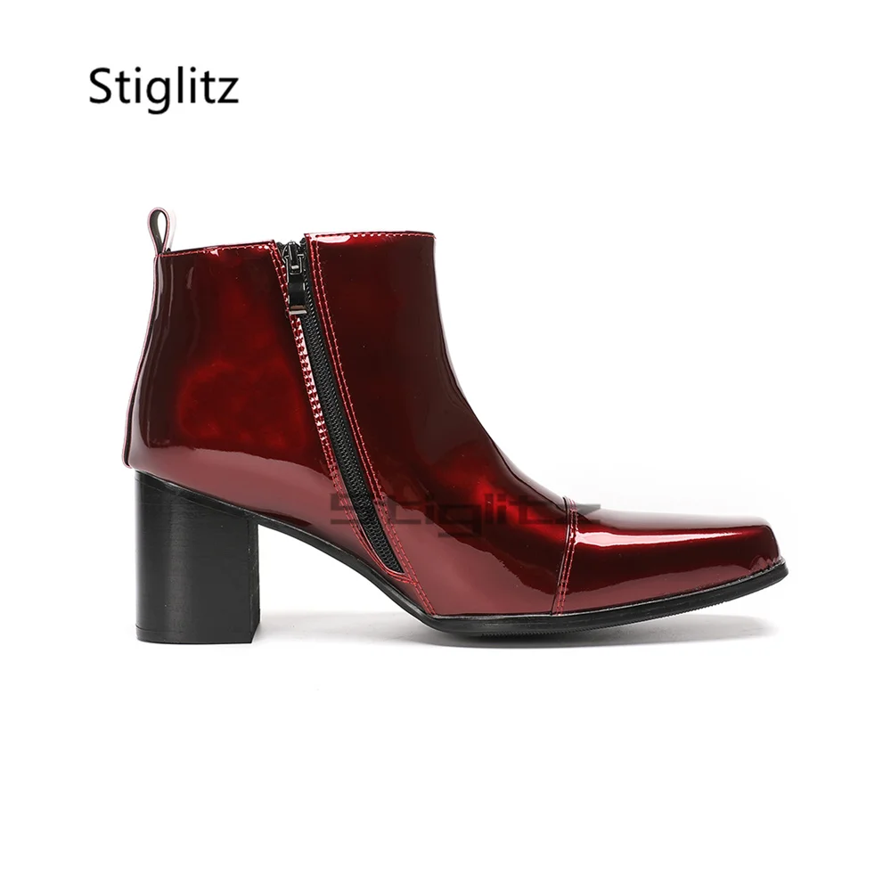 Men's Wine Red Patent Leather Chelsea Boots Square Toe Side Zipper High Heels Glossy Fashion Ankle Boots Party Male Shoes