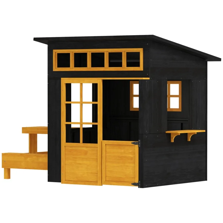 

Outdoor Playhouse Wooden Playhouse w/ Picnic Table Benches Chalkboards Half Door Windows for Ages 3-8