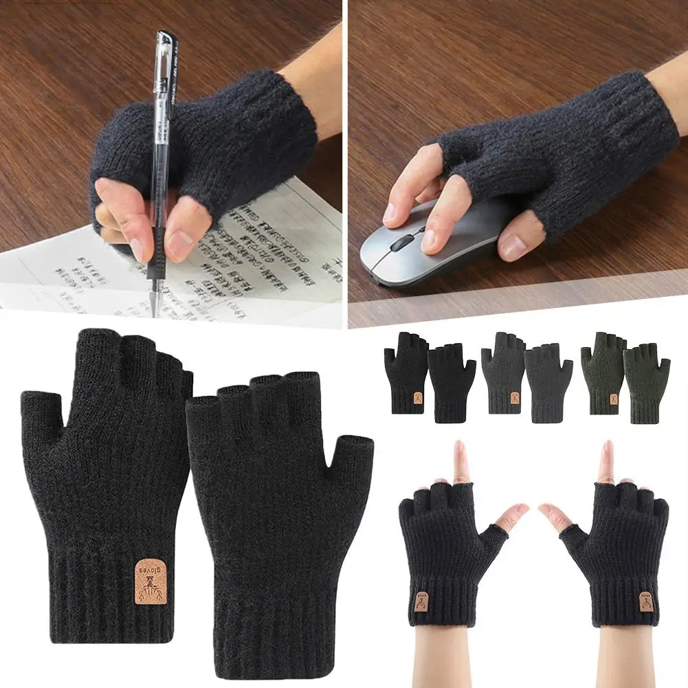 Winter Gloves For Men Half Finger Writting Office Cycling Knitted Gloves Students Alpaca Wool Warm Thick Elastic Driving Gl N9I6