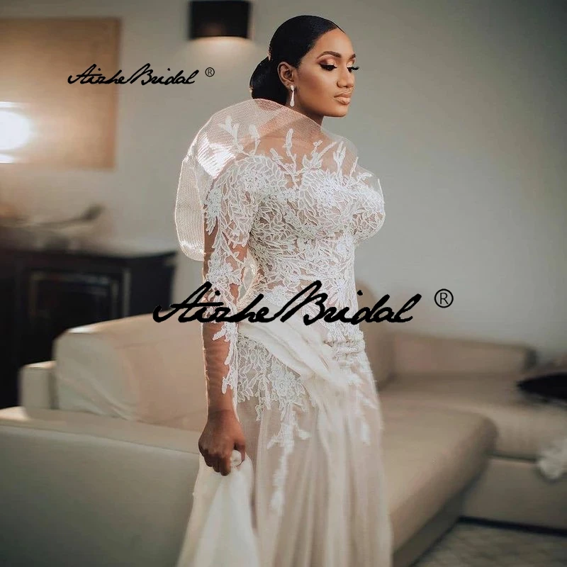Plus Size Elegant Illusion O Neck Beach Wedding Dress Appliques Full Sleeves Side Split Bridal Dresses