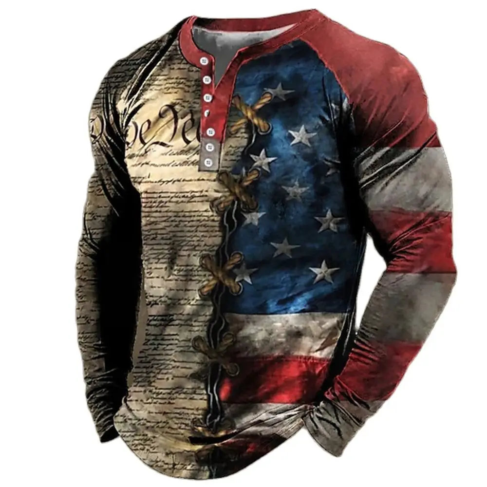 Men\'s Fashion Long Sleeve T Shirts 3d Eagles Print Usa T-shirts Tops Cotton V-neck Tees Casual Harajuku Streetwear Male Clothing