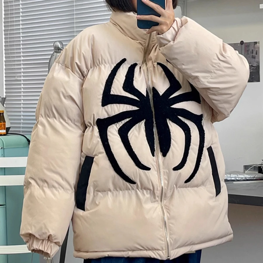 Spider Embroidery Cotton Jacket for Girls Women American Retro Loose Winter Y2k Thicken Trendy High Street Stand Collar Parkas