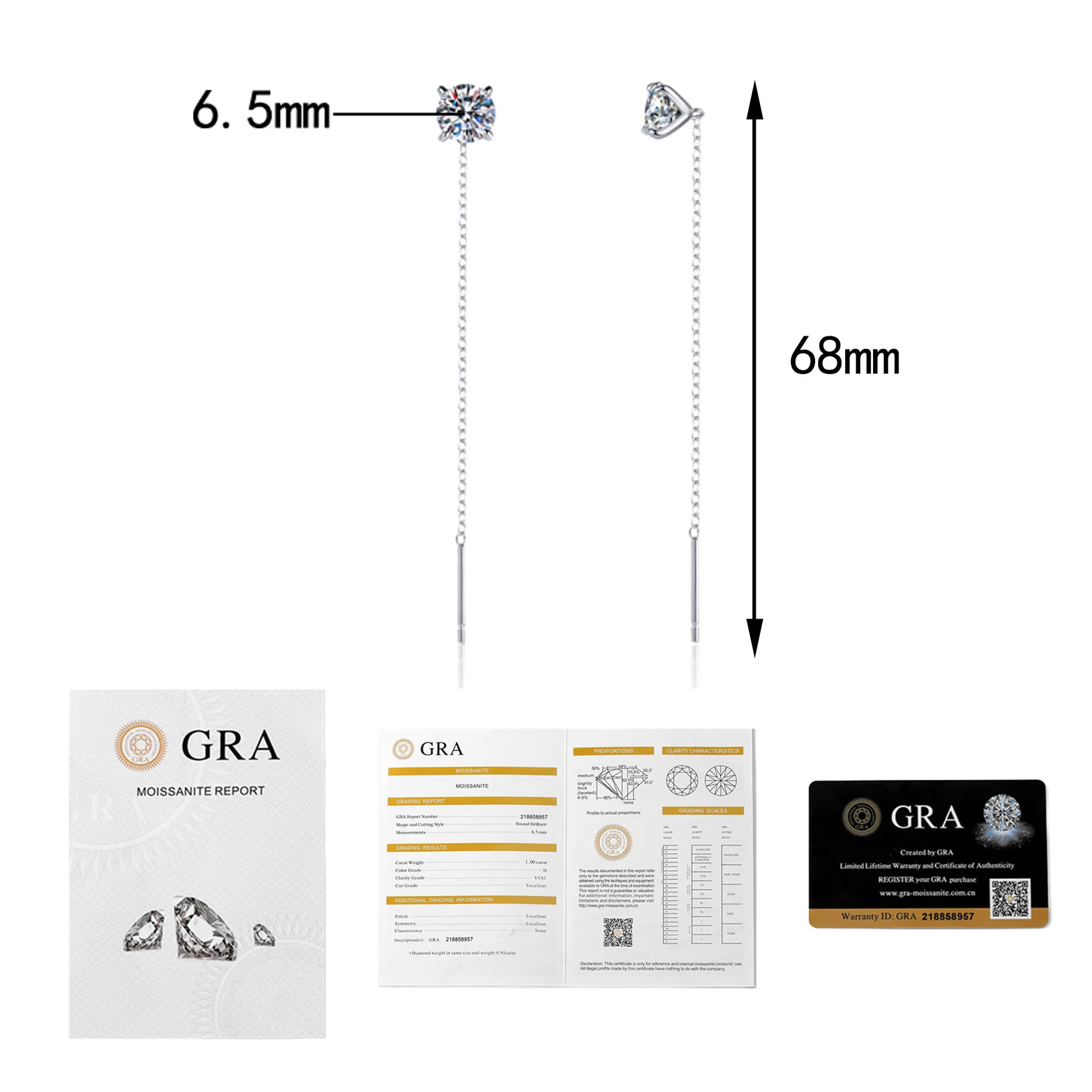 LioraGem Classic Four-claw Super Sparkling Moissanite Thread Earrings, Versatile Earrings for Women Platinum PT950 Stamp