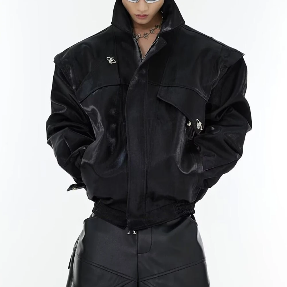 Mens Spring Jacket Motorcycle Cargo Faux Pockets Thin Jacket Streetwear Fashion Deconstructed Casual Youth Biker Top Men'S Wear