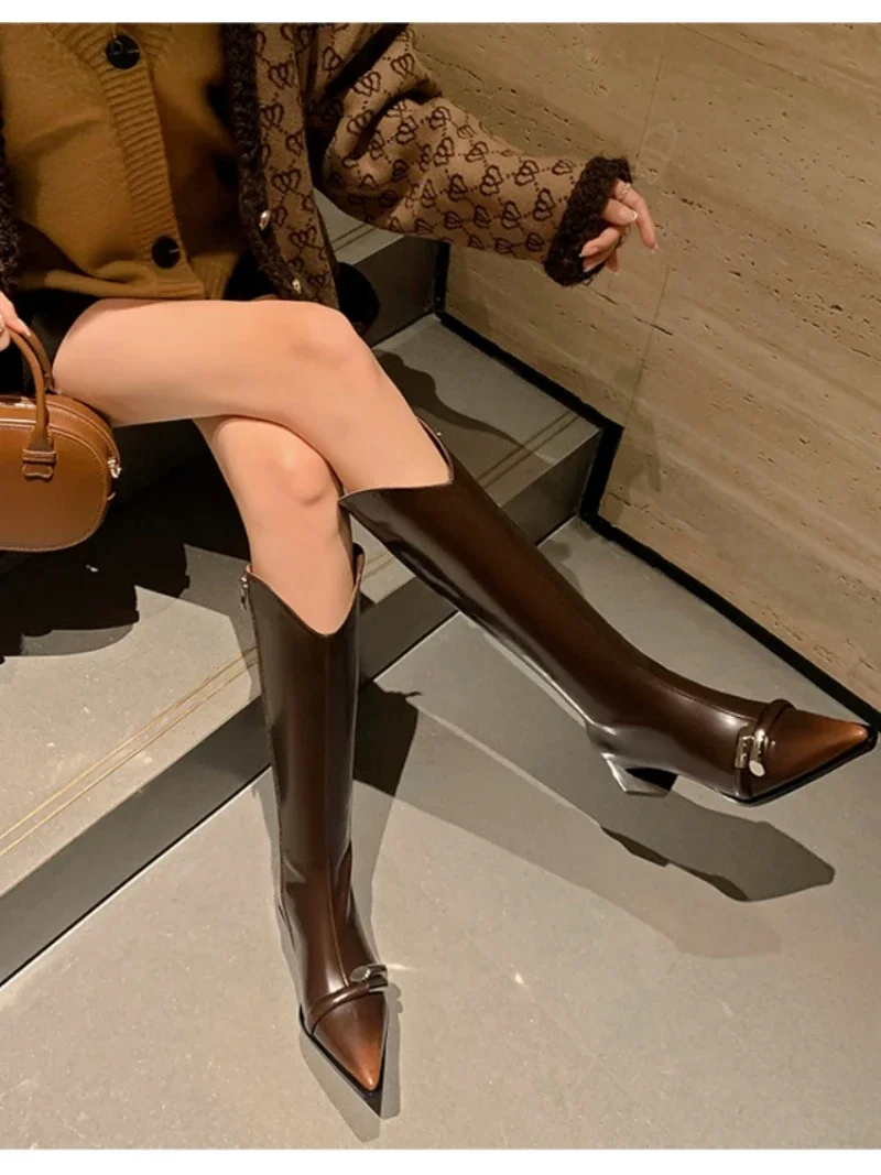 Vintage Leather Polished Women's Knight Boots Pointy Toe Zipper Metal Embellished Knee-High Botas 2024 Fashion Women Shoes