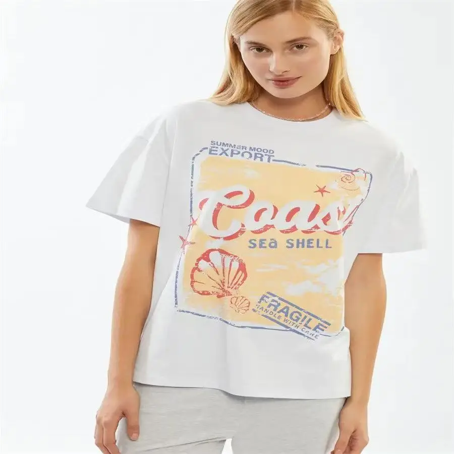 Sea Shell Letter Printed Summer American Retro Y2k Marine Animal T-shirt Women's Short Sleeve O-neck High Street Lady Clothes
