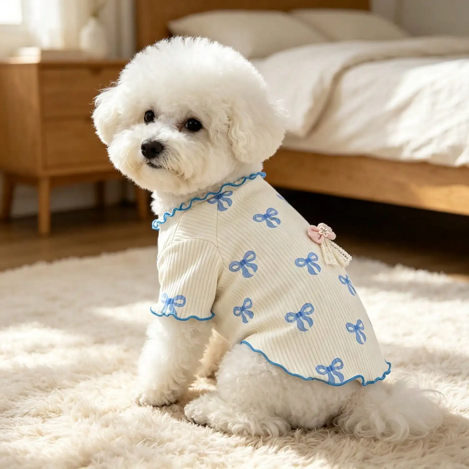 Niedliches Hundet-Shirt mit Schleifendruck und Rüschen, Weiches Geripptes Kurzarm-Oberteil mit Spitzenschleifendekor für Welpen Kleiner Rassen wie Bichon und Teddy – Detail 1