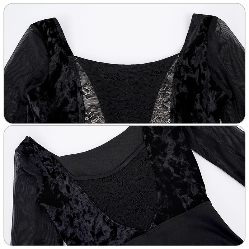 Women Ballet Leotards Retro Lace Slit Mesh Velvet Splice Dance Long Sleeve Adult Black Gymnastic Bodysuit