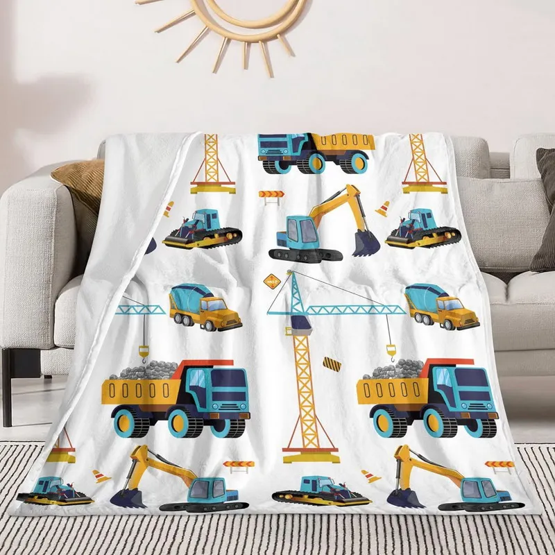 Cartoon Construction Trucks Print Flannel Throw | Yellow Excavator & Tractor Blanket for Kids, All-Season Sofa & Play