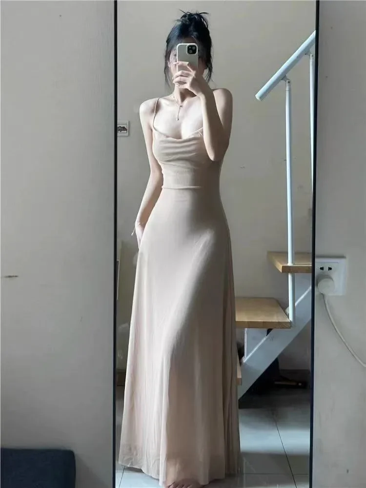 Elegante Spaghetti-trägern Frauen Mesh Kleid Y2K Sommer Streetwear Ärmelloses Dünnes Midi Kleid Französisch Solide Alle Spiel Dame Vestidos