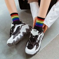 6Pairs Ins Style Multicolor Rainbow Stripes Socks Mid-calf Breathable Rainbow Tube Sock Hosiery Patchwork Cotton Socks Women Men