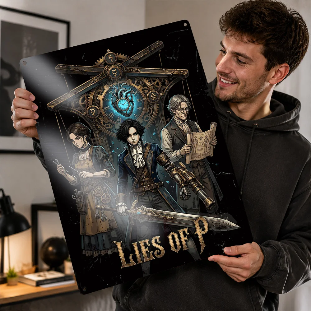 Lies Of P Steampunk Character Trio Aluminum Poster Illustrated Wall Art For Gaming Room Personalized Metal Sign Birthday Gift