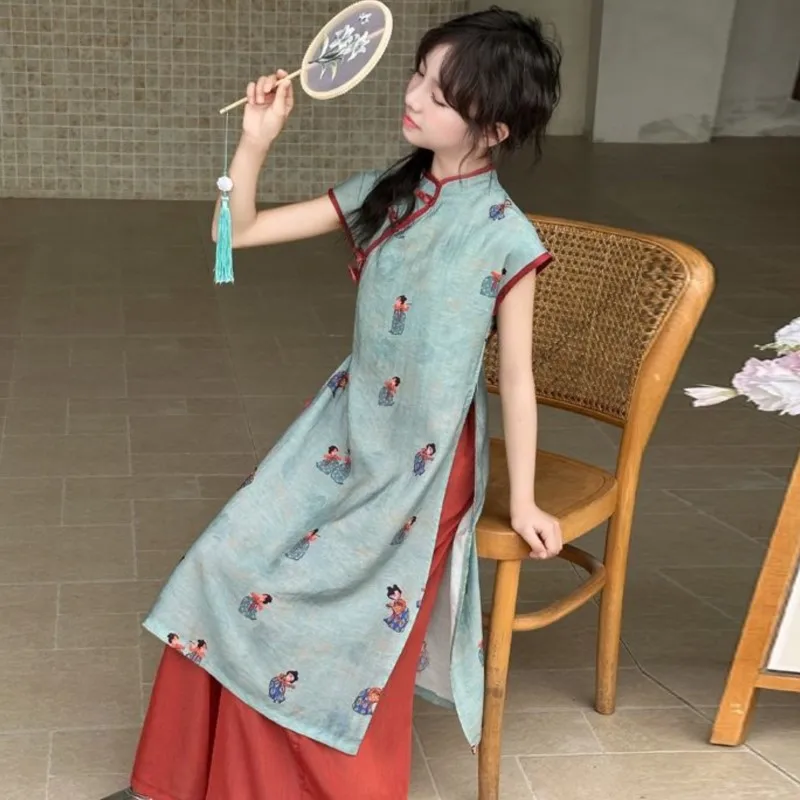 Girls' Summer Hanfu Cheongsam Set 2026 New Children's New Chinese Long Qipao Dress Kids' Printed Cheongsam 2-piece Set LJ301