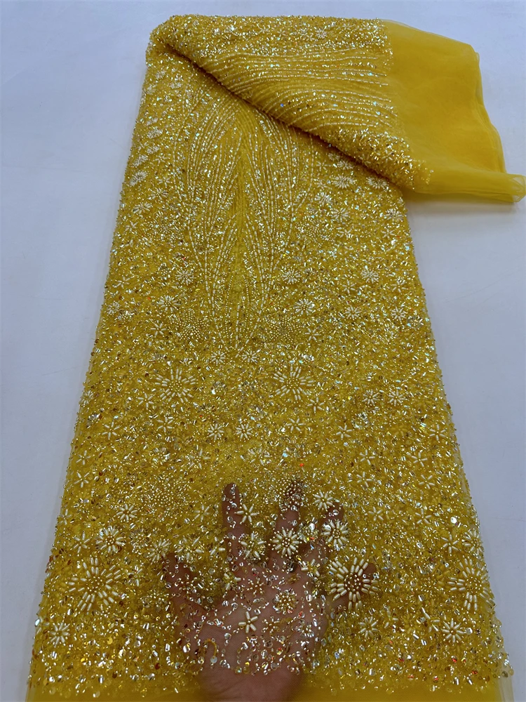 

Elegant Beaded Lace Fabric High Quality African French Mesh Lace Fabric Luxury Sequins Nigerian Beads Laces Fabrics RF