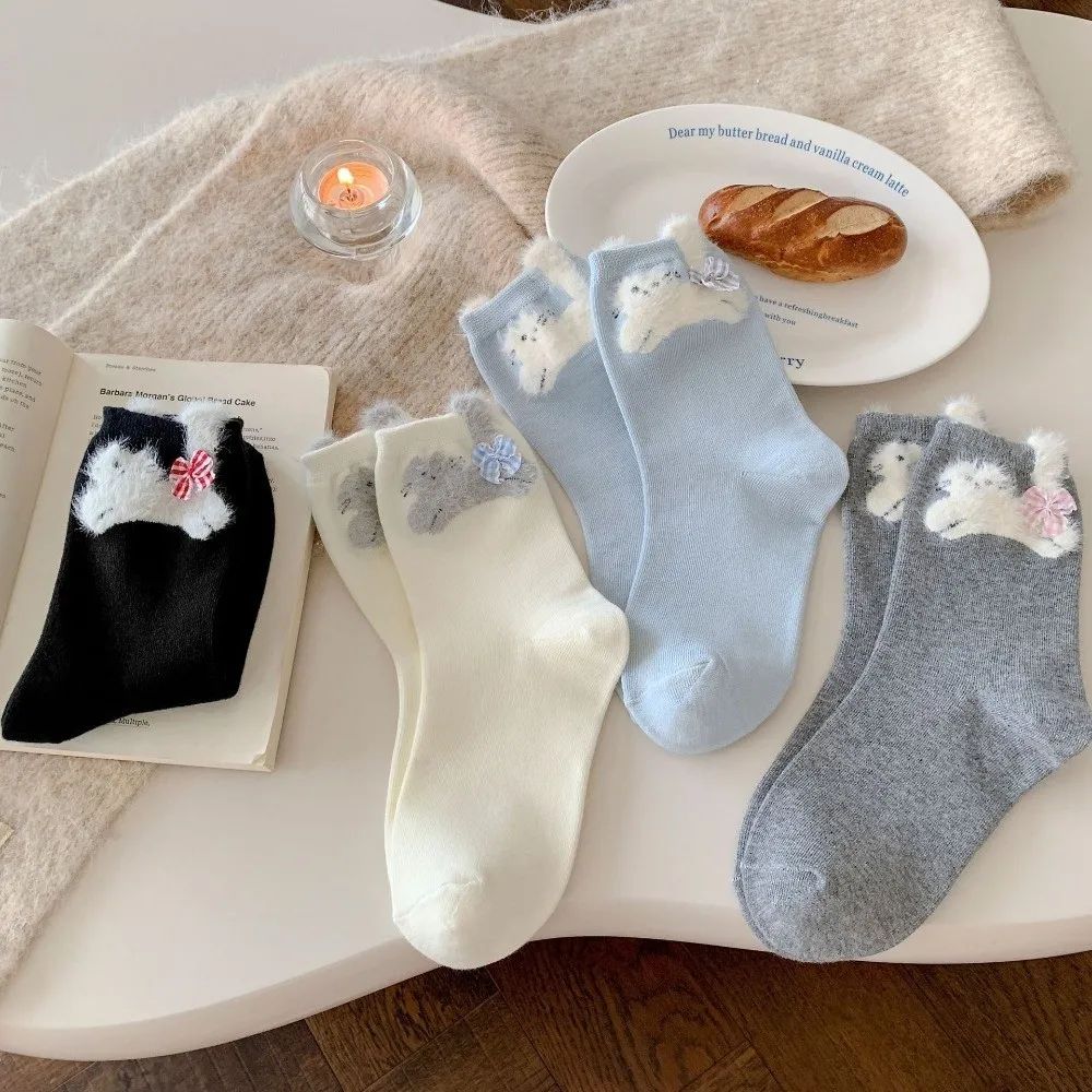 

Модные милые носки с бантом и рисунком котенка, впитывающие пот, повседневные носки средней длины, дышащие носки для женщин