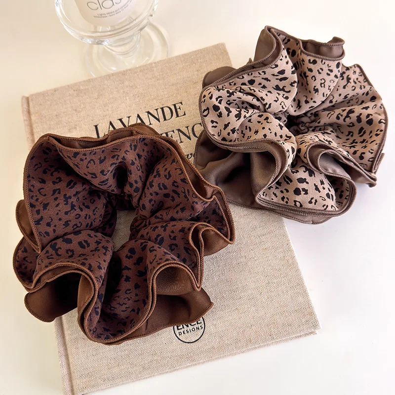Retro Leopard Print Brown Hair Tie Elegant Bun Hairstyle Extra-Large Hair Elastic Hair Accessory