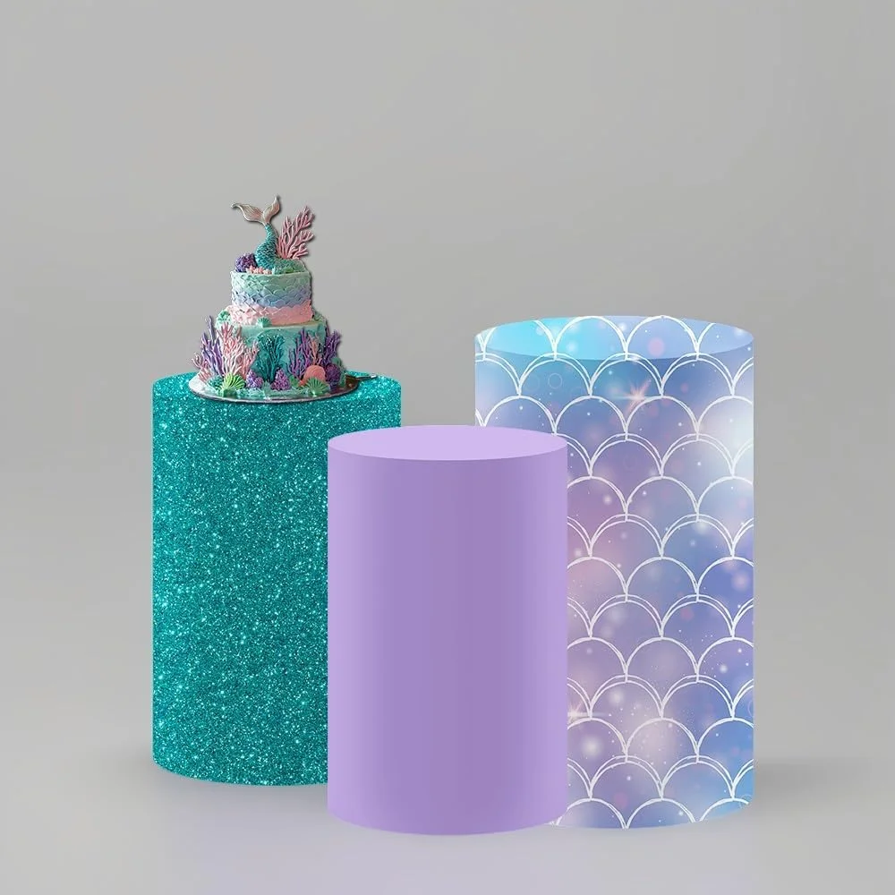 Cubiertas de Pedestal cilíndricas para escamas, sirena, fiesta de cumpleaños, soporte de zócalo, mantel de LICRA, cubre niña, Baby Shower bajo el mar