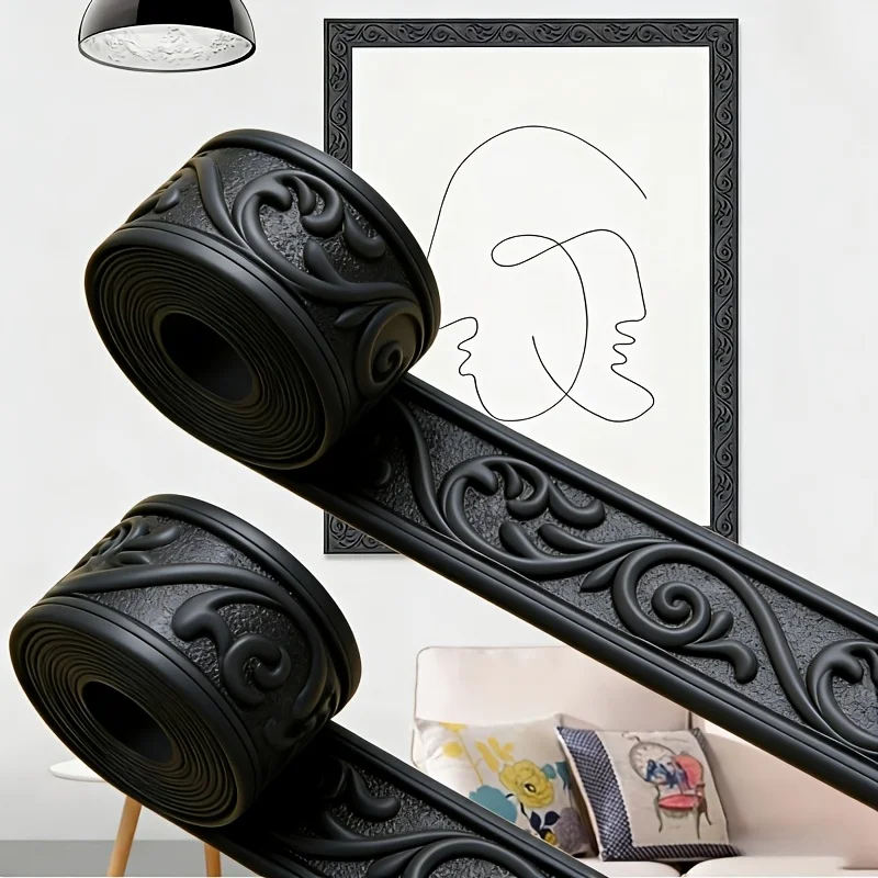 Embossed foam wall molding with self-adhesive backing. Decorative baseboard and wall border for simple indoor aesthetic upgrade