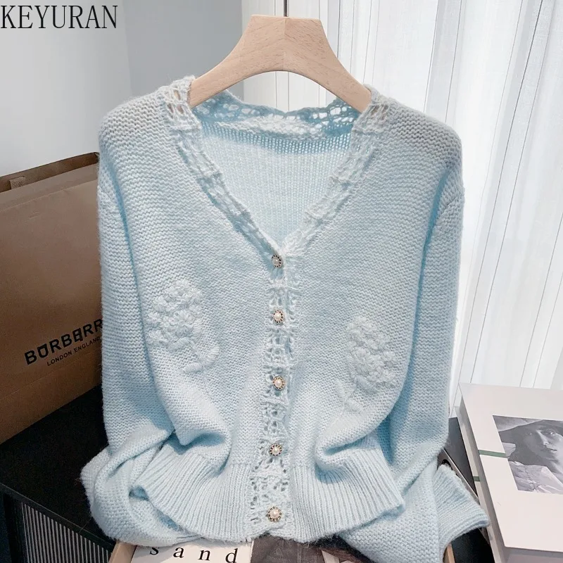 

Милый вязаный кардиган с цветочным принтом, женский свитер, осенний корейский свитер с v-образным вырезом и длинным рукавом, универсальный свободный повседневный трикотаж, топы Mujer, джемпер