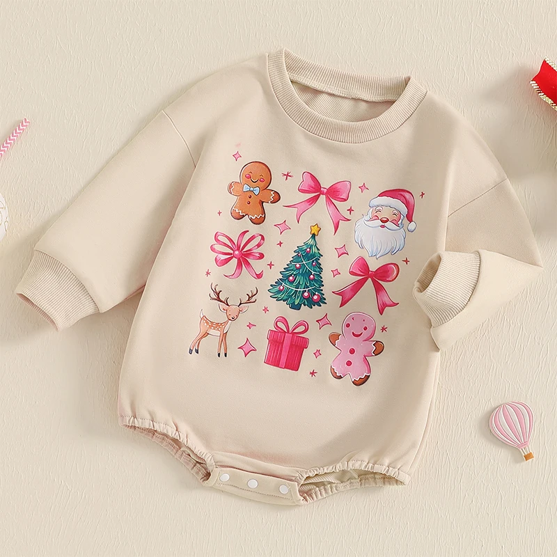 Baby Girls Sweatshirt Romper Cute Christmas Print Long Sleeve Jumpsuits for Newborn Infant Toddler Fashion Clothes