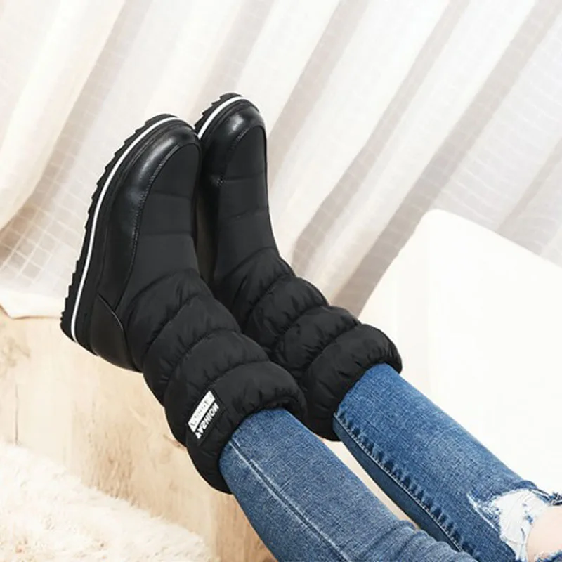 

Женская хлопковая обувь для отдыха, женские зимние ботинки, теплые толстые зимние ботинки до середины икры, водонепроницаемые ботинки без шнуровки на эластичной нескользящей платформе, Botas WSH5385