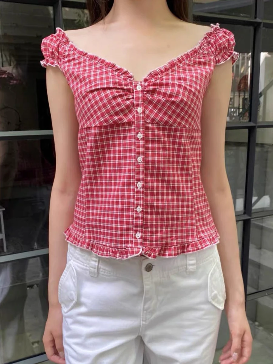 新作 レッド チェック柄 ヴィンテージ Tシャツ ブラウス レディース ラッフル Vネック シングルブレスト スリム ティー サマー カジュアル スイート コットン パフスリーブ シャツ