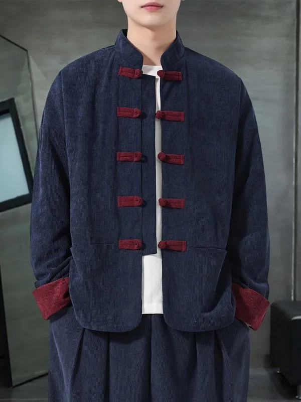 

New Chinese Sle Men's Retro Patchwork Stand Collar Jaet Spring Autumn Corduroy Coat Improved Tang Costume Hanfu Outerwear