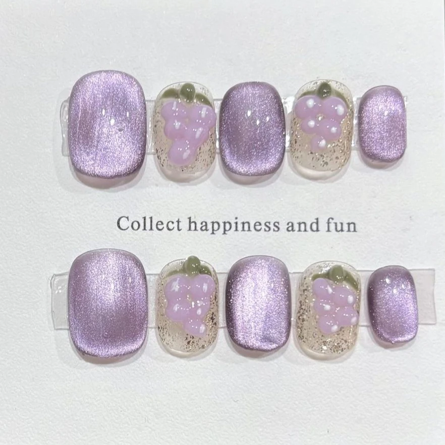 10 Uds. De uñas cortas y redondas hechas a mano, cubierta completa de frutas frescas, purpurina de plátano, dulce ojo de gato, prensa en uñas, arte de uñas usable