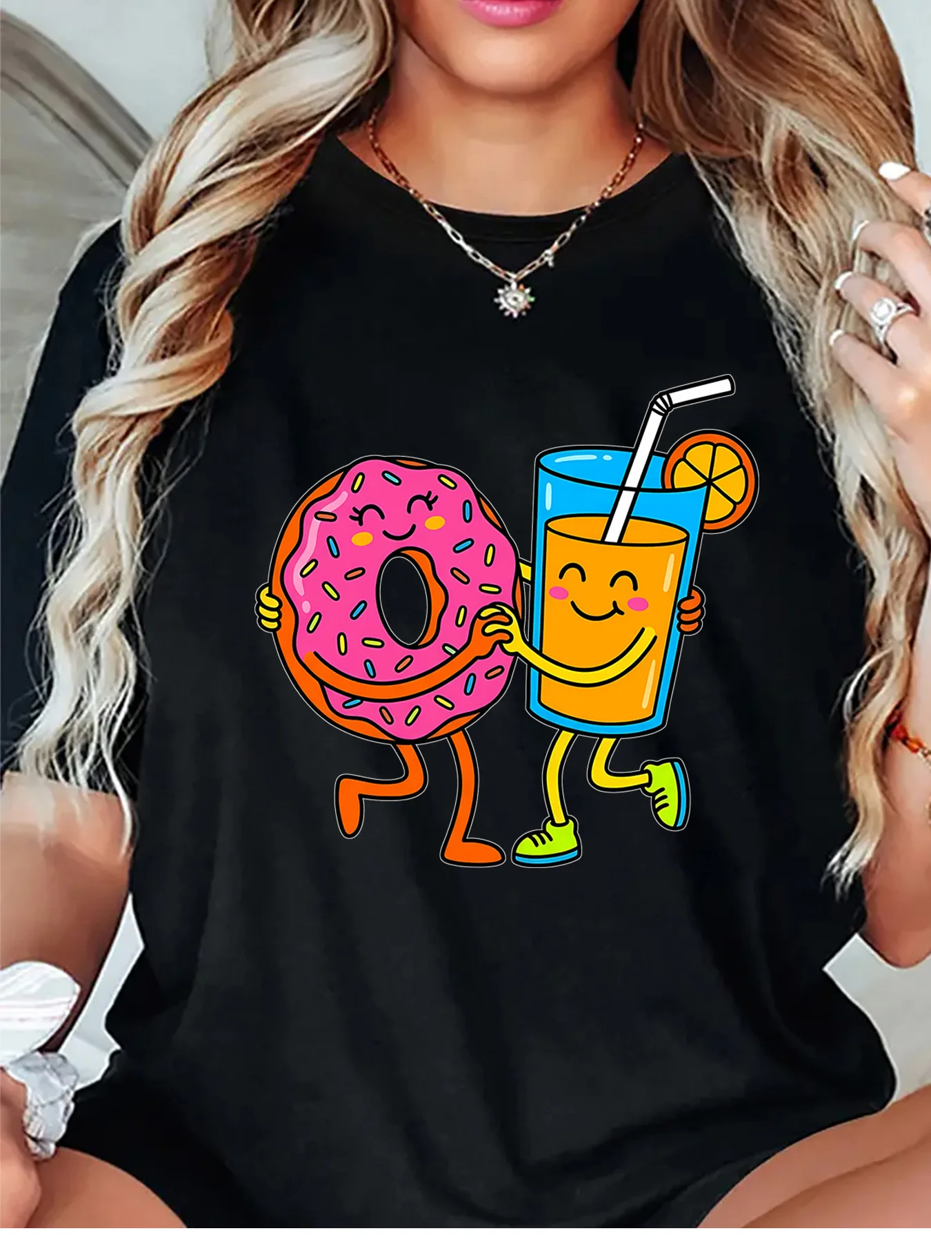Cute Donut And Orange Juice Cartoon Hug Graphic Womens T Shirt Short Sleeve Crew Neck Fun Food Casual Daily Ladies Tee Tops