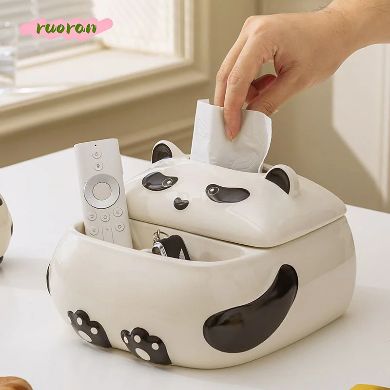 

Versatile Cute Panda Ceramic Tissue Box with Remote Holder Stand for Bathroom Living Room Home Decoration