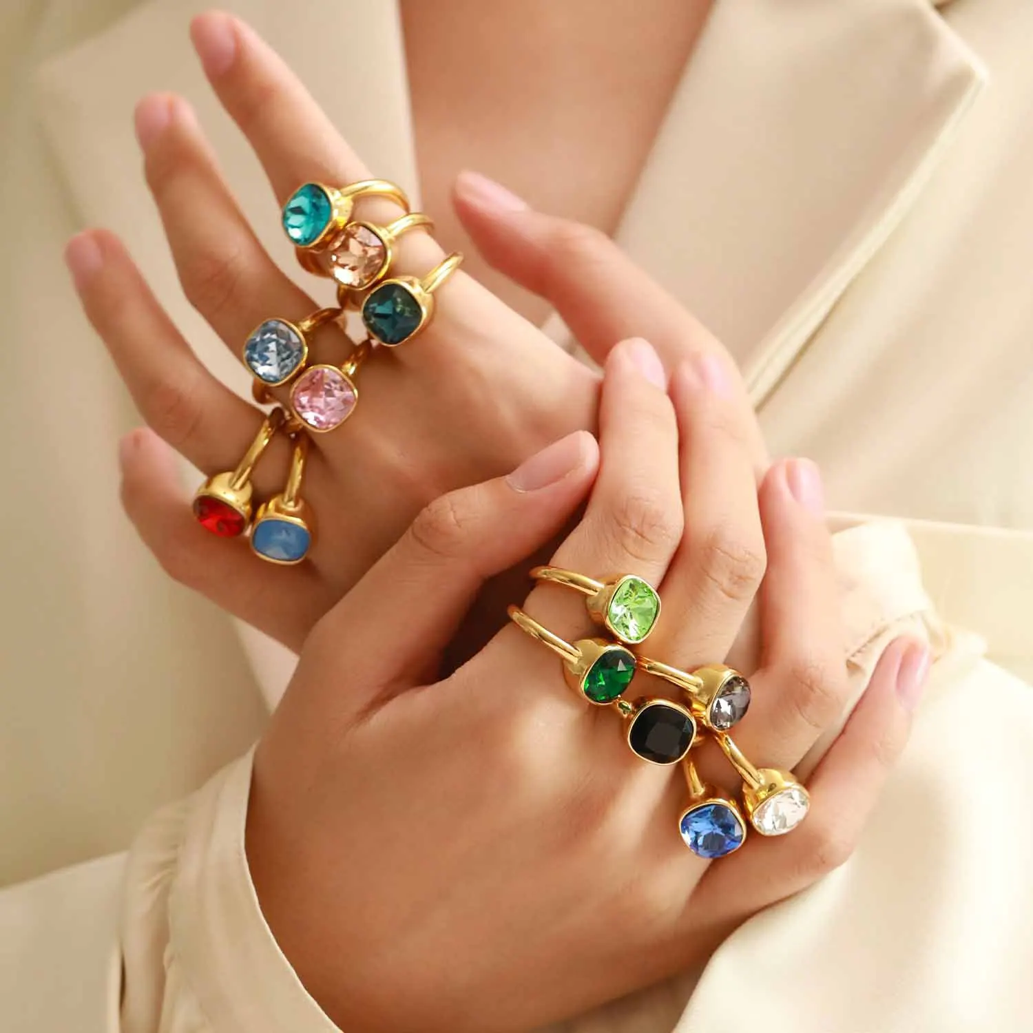 Exquisite Multicolor Square Zircon Finger Ring Shiny Crystal PVD Gold Plated Engagement Waterproof Кольцо Женское Gift