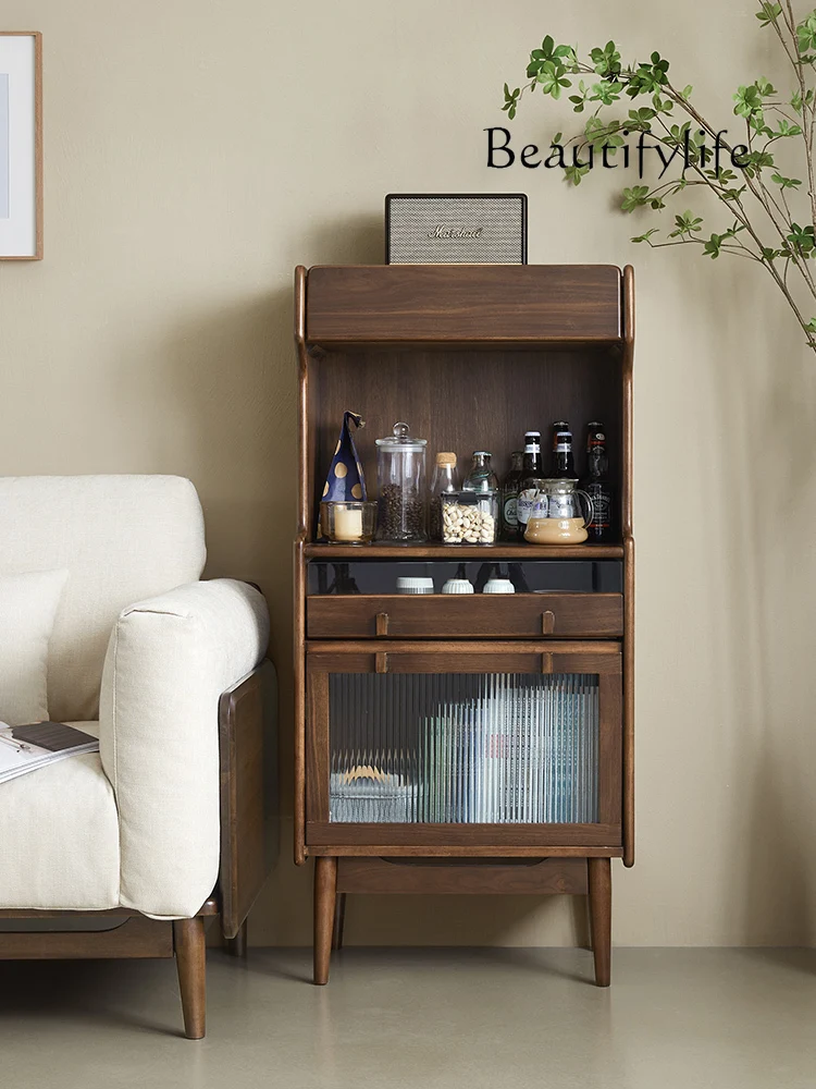 Nordic Black Walnut Color Solid Wood Living Room Corner Cabinet Bedroom Storage Cabinet Simple and Light Luxury Locker