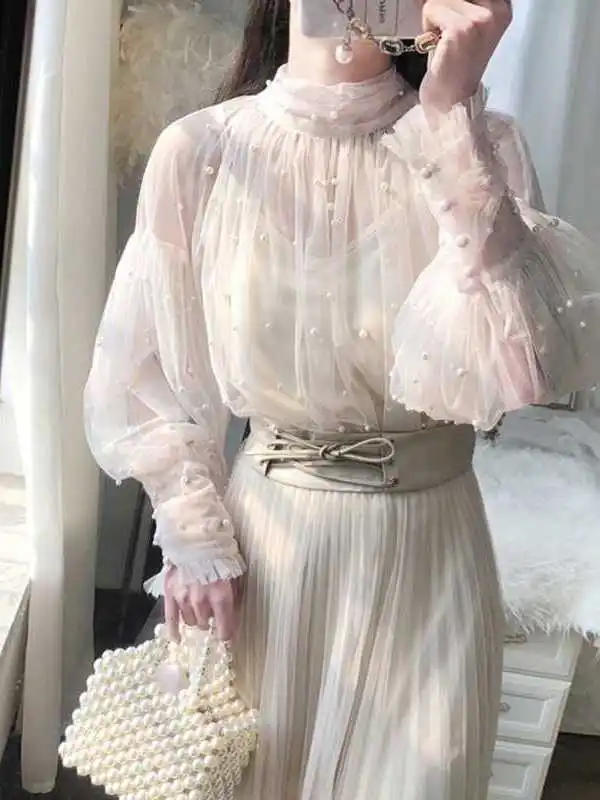 

Spring Beaded Me Blouse Women's Sweet Lantern Sve Pearl Cleanfit Sle ort Sve Thin Embellied Women's irt