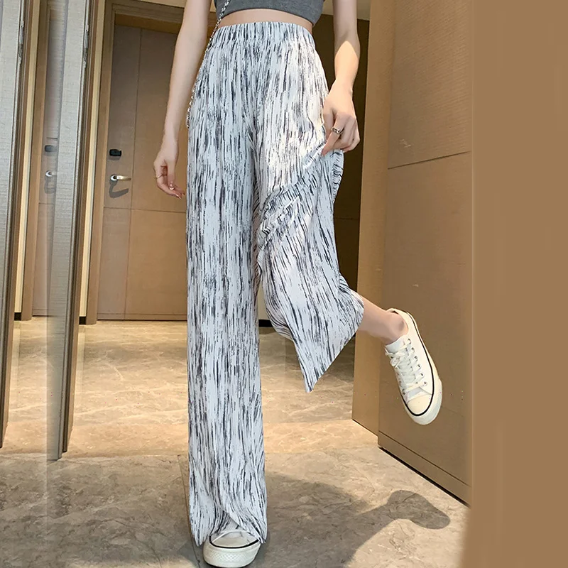 Women 2024 Tie-dye Printed Spring Summer Elastic Waist Stright Long Wide Leg Pants Casual Female Loose Pants Trousers