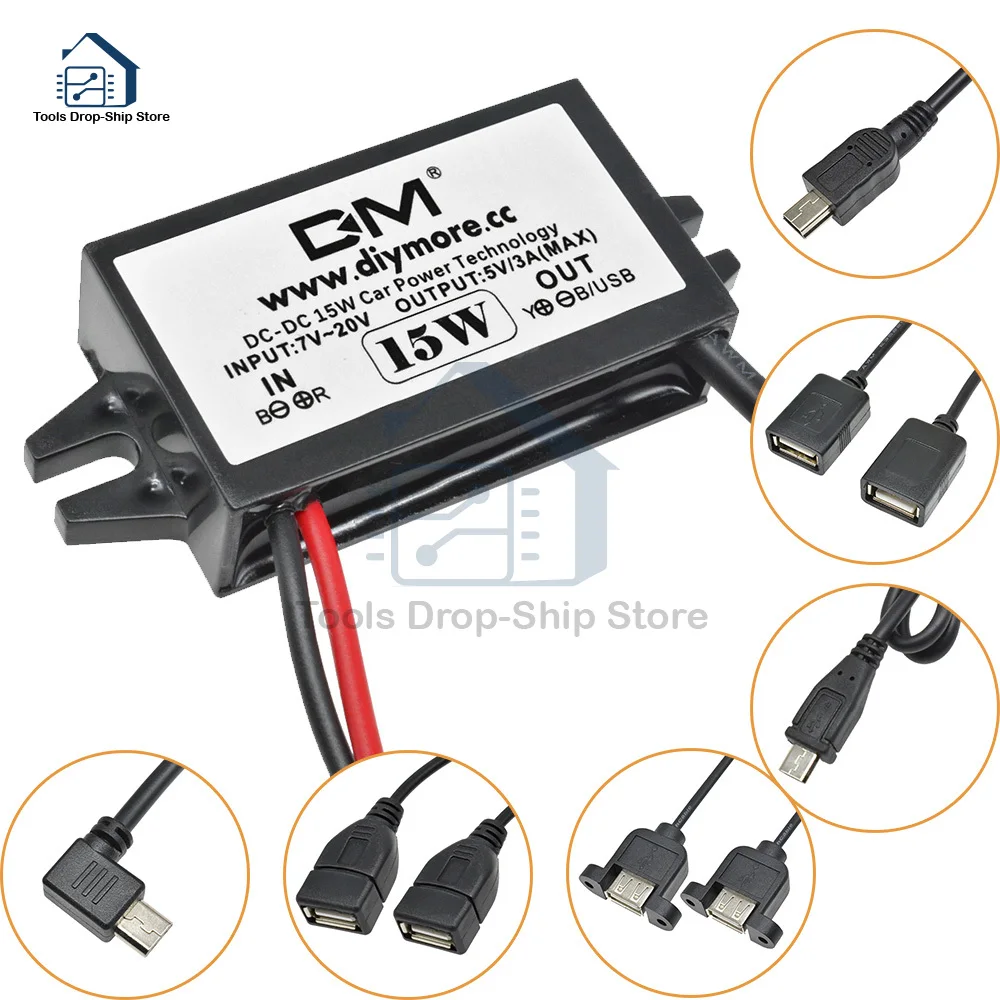 DC-DC понижающий преобразователь, модуль питания для автомобиля от 12 В до 5 В, 3 А, 15 Вт для автомобиля, мужской, женский, USB, мини-USB, микро-USB адаптер