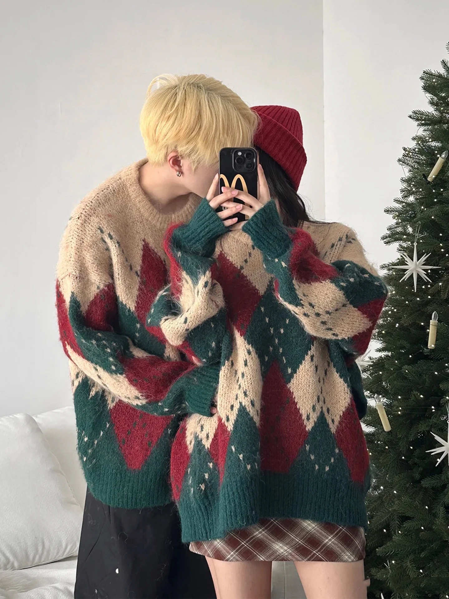 

American Cisas Aosphere Thiened Knitted Sweater Men's Winter Diamond Design Loose Couple Knitted irt Casual Vintage...