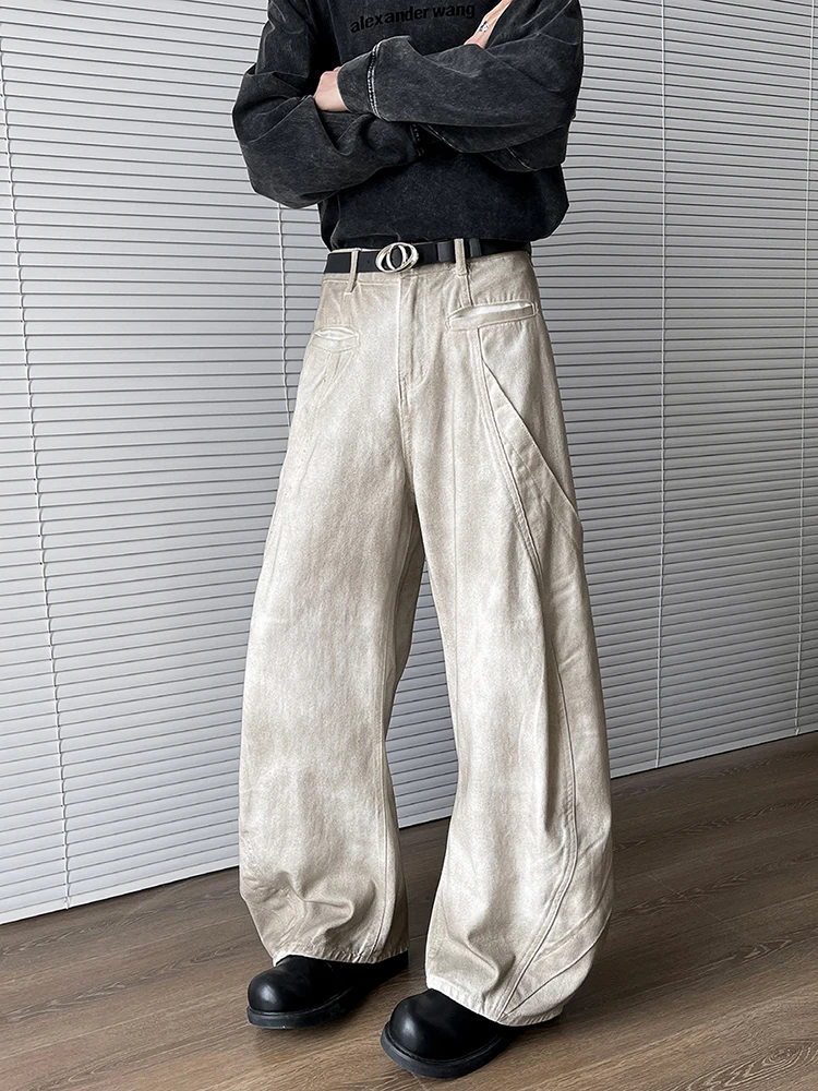 

Retro American Waed White Distred Knife Jeans Men's Trendy High Street Loose Wide Leg Pants Youthful Straight Cut Jeans