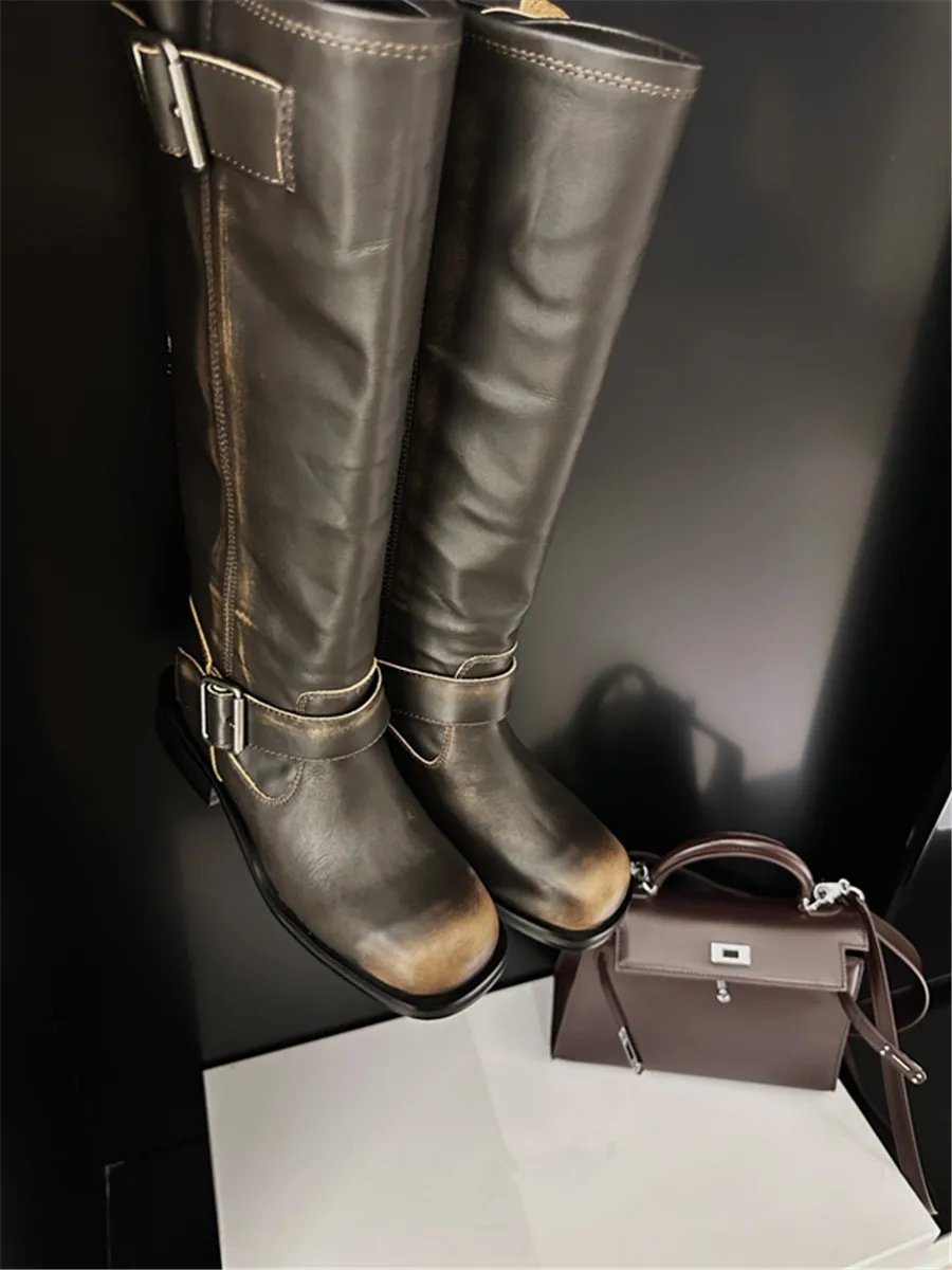 Retro Zipper Women Long Boots Fashion Buckle Strap Women Shoes Thick Heel Zapatos Mujer Knee High Botas Femininas