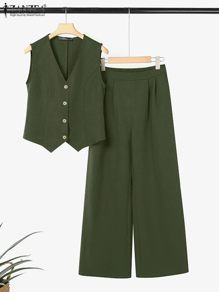 2PCS Summer Sleeveless Tops Trousers Suits ZANZEA 2025 Women Wide Leg Pant Sets Elegant Solid OL Work Tracksuit Casual Outfit