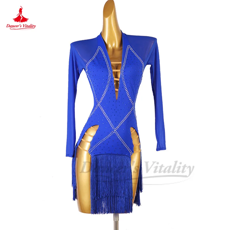 

Latin Dance Training Dress Costume Spandex AB Stones Long Sleeves Costume Rumba Performance Clothing Customsized Latin Dresses