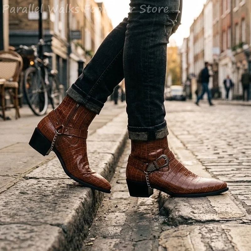 Men Crocodile Pattern Western Ankle Boots Pointed Toe Buckle Chain Strap Side Zipper Cuban Heel Gothic Party Runway Dress Shoes