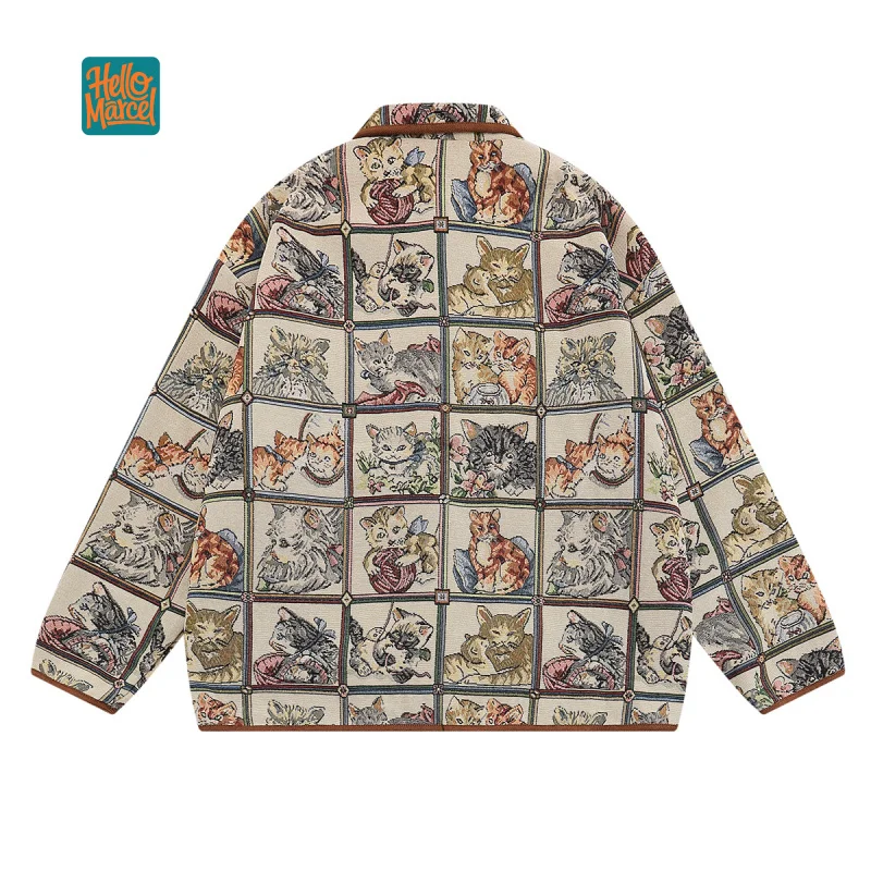 HELLOMARCEL EU US Size Luxury Quality Bomber Jacket Street Wear Fall Winter Retro Cartoon Cat Jacquard Men Women Jacket