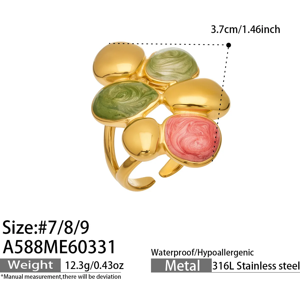 Übertrieben Bunter Emaille-Tropfenring aus 316L Edelstahl mit 18K Goldplattierung für Damen, Wasserfest und Farbecht – Detail 11