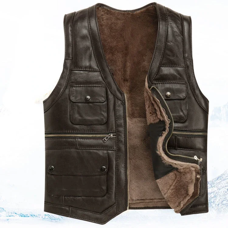 

2020 Genuine Leather Vest Men Waistcoat Sleeveless Jacket Thick Motorcycle Pocket Zipper Middle-aged Fashion Fleece Coat E213