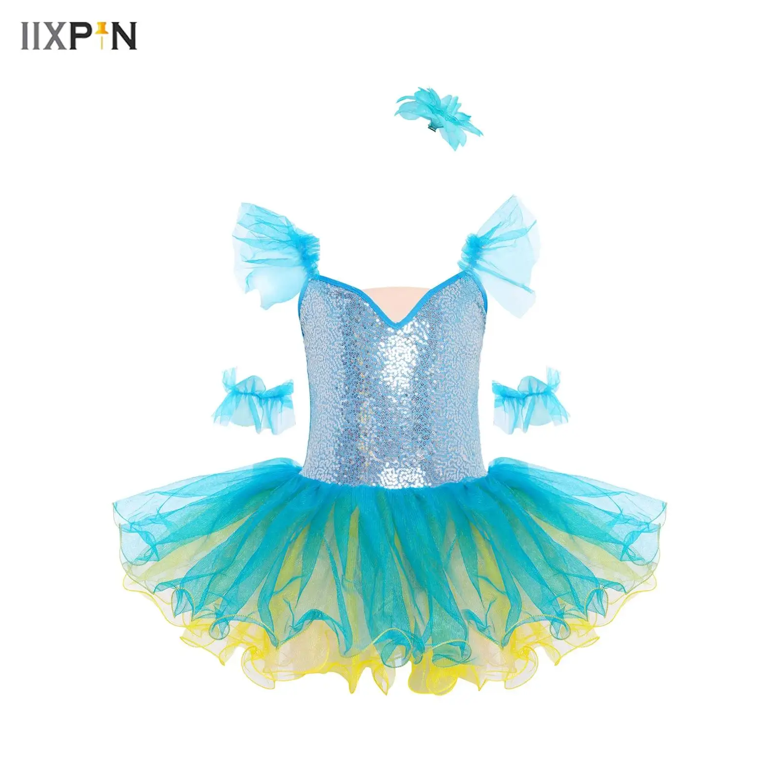 

Kids Girls Ballet Dance Dress Ruffled Sleeves Adjustable Straps Shiny Sequins Bodice Layered Tutu Dress+Headwear+Cuffs 3Pcs/Set