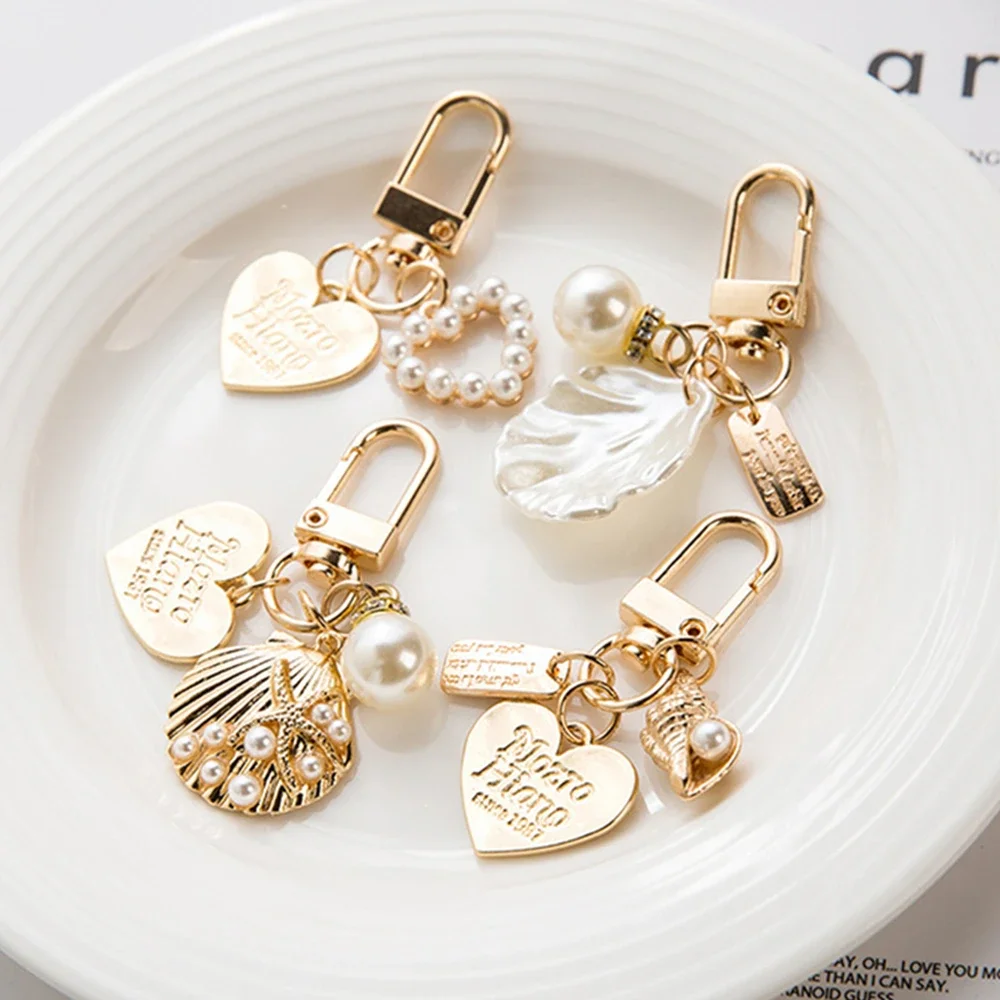 Pearl Shell Heart Letter Keychain For Women Girls Car Bag Key Chains Cute Gold Color Key Rings Jewelry Key Accessories